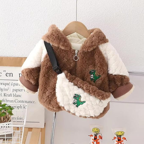 Kids Winter Warm Fur Dinosaur Zipper Hooded Party Jacket With Sling Bag