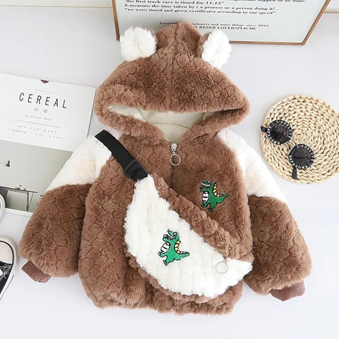 Kids Winter Warm Fur Dinosaur Zipper Hooded Party Jacket With Sling Bag