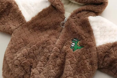 Kids Winter Warm Fur Dinosaur Zipper Hooded Party Jacket With Sling Bag