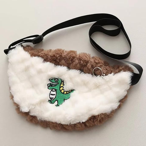Kids Winter Warm Fur Dinosaur Zipper Hooded Party Jacket With Sling Bag