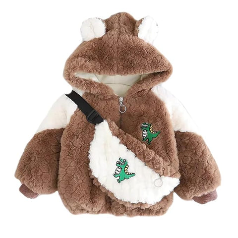 Kids Winter Warm Fur Dinosaur Zipper Hooded Party Jacket With Sling Bag