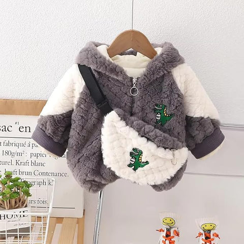 Kids Winter Warm Fur Dinosaur Zipper Hooded Party Jacket With Sling Bag