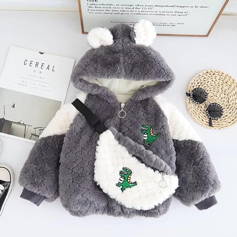 Kids Winter Warm Fur Dinosaur Zipper Hooded Party Jacket With Sling Bag