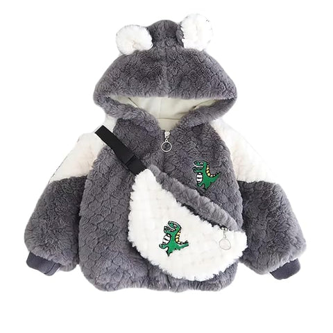 Kids Winter Warm Fur Dinosaur Zipper Hooded Party Jacket With Sling Bag