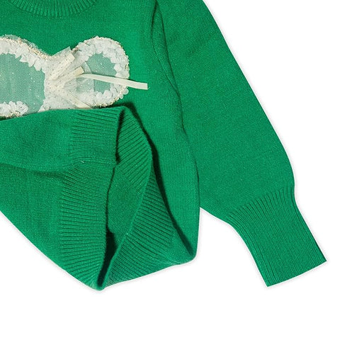 Girls Bow Embellished Full Sleeve Winter Wool Sweater Pullover