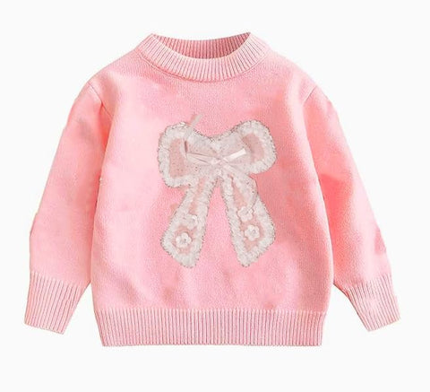 Girls Bow Embellished Full Sleeve Winter Wool Sweater Pullover