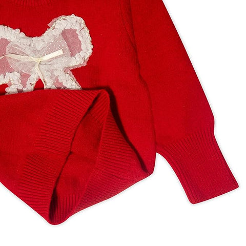 Girls Bow Embellished Full Sleeve Winter Wool Sweater Pullover