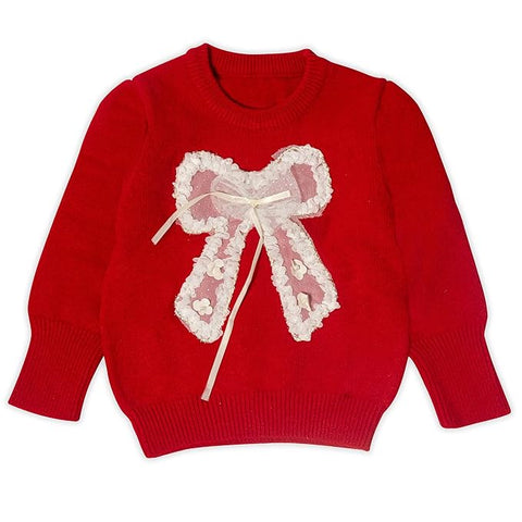 Girls Bow Embellished Full Sleeve Winter Wool Sweater Pullover