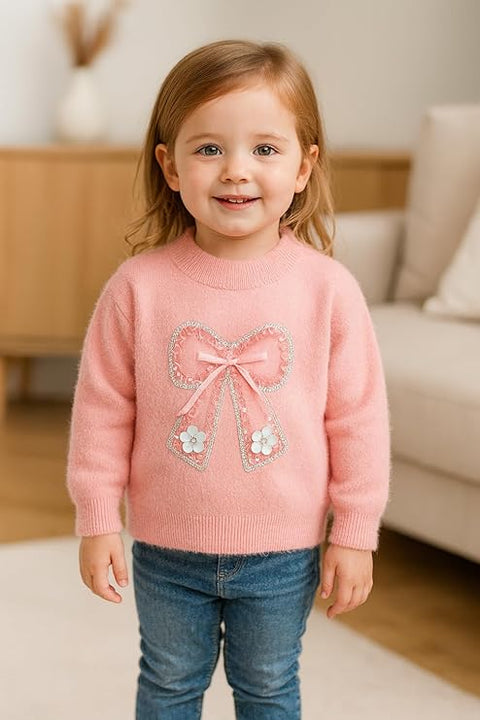 Girls Colorful Bow Embellished Full Sleeve Winter Wool Knitted Sweater Pullover