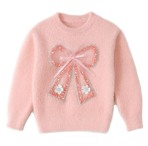 Girls Colorful Bow Embellished Full Sleeve Winter Wool Knitted Sweater Pullover