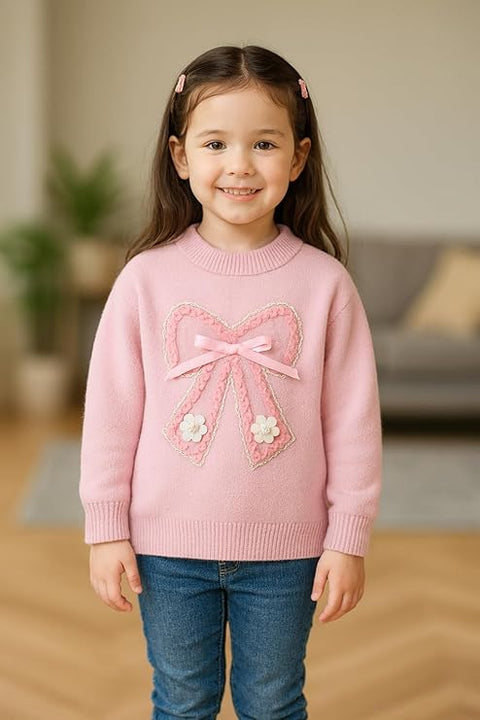 Girls Colorful Bow Embellished Full Sleeve Winter Wool Knitted Sweater Pullover