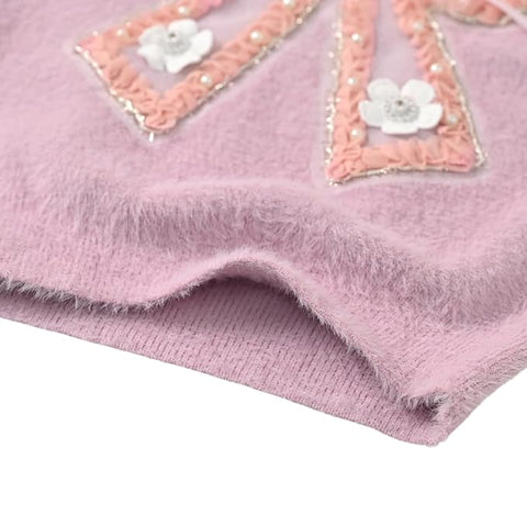 Girls Colorful Bow Embellished Full Sleeve Winter Wool Knitted Sweater Pullover