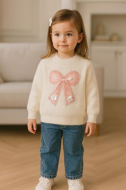 Girls Colorful Bow Embellished Full Sleeve Winter Wool Knitted Sweater Pullover