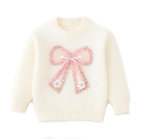 Girls Colorful Bow Embellished Full Sleeve Winter Wool Knitted Sweater Pullover