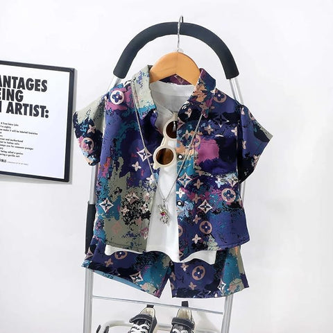 Boys Synthetic Printed Summer Print Semi Half Sleeve Shirt and Shorts Coord Set