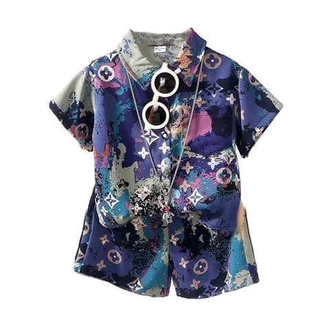 Boys Synthetic Printed Summer Print Semi Half Sleeve Shirt and Shorts Coord Set