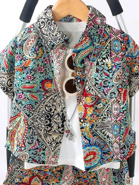 Boys Synthetic Printed Summer Print Semi Half Sleeve Shirt and Shorts Coord Set