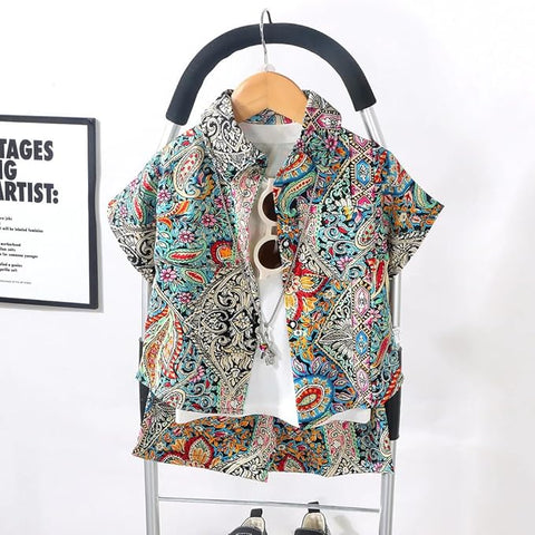 Boys Synthetic Printed Summer Print Semi Half Sleeve Shirt and Shorts Coord Set