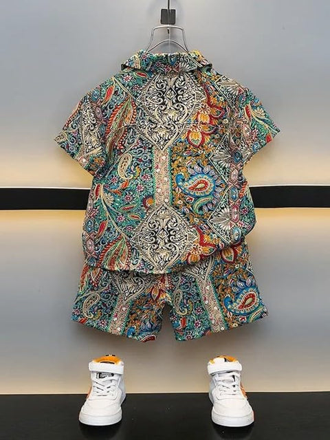 Boys Synthetic Printed Summer Print Semi Half Sleeve Shirt and Shorts Coord Set
