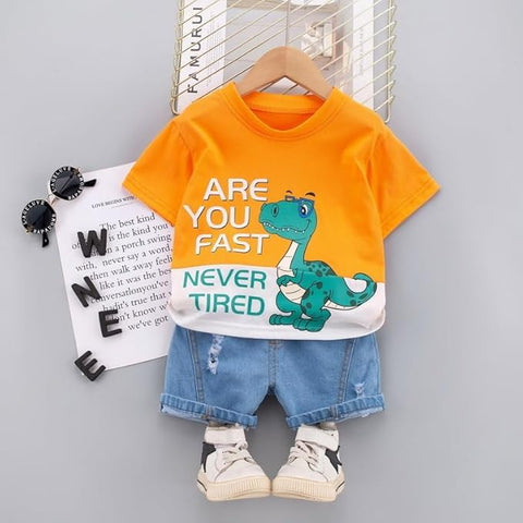 Kids Half Sleeve Dinosaur Print T-shirt and Denim Shorts Set