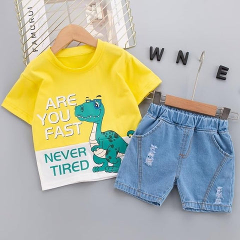 Kids Half Sleeve Dinosaur Print T-shirt and Denim Shorts Set