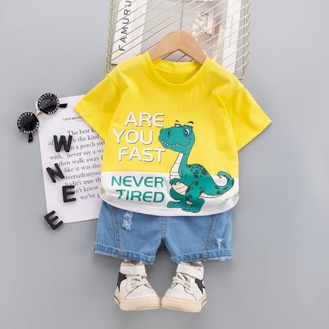 Kids Half Sleeve Dinosaur Print T-shirt and Denim Shorts Set