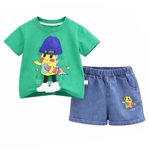 Boys Cartoon Print T-Shirt with Denim Shorts