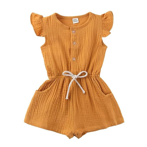 Girls Half Sleeve Ruffle Cap Sleeve Monochrome Cotton Jumpsuit Romper