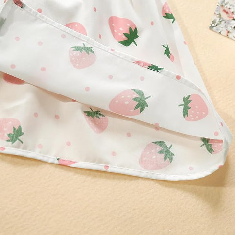Girl's Strawberry Print Sleeveless Frock Dress With Sling Bag