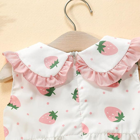 Girl's Strawberry Print Sleeveless Frock Dress With Sling Bag