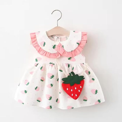 Girl's Strawberry Print Sleeveless Frock Dress With Sling Bag