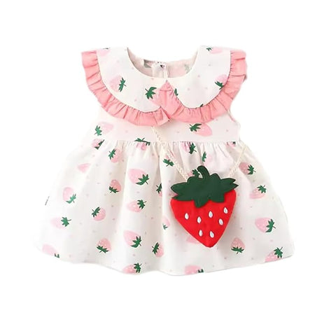 Girl's Strawberry Print Sleeveless Frock Dress With Sling Bag