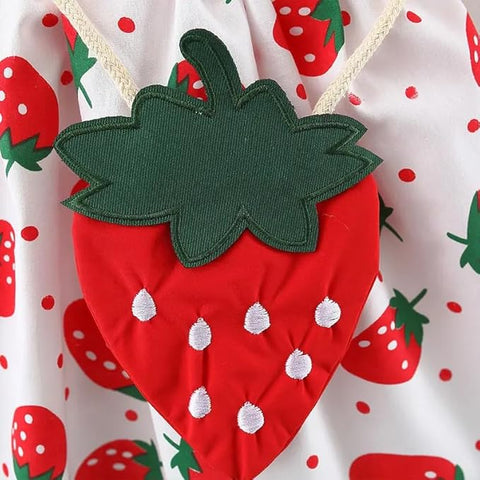 Girl's Strawberry Print Sleeveless Frock Dress With Sling Bag