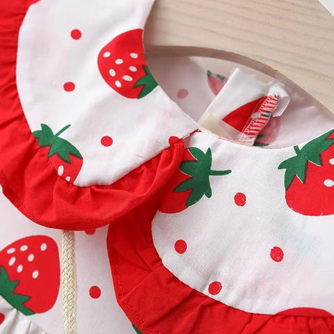 Girl's Strawberry Print Sleeveless Frock Dress With Sling Bag