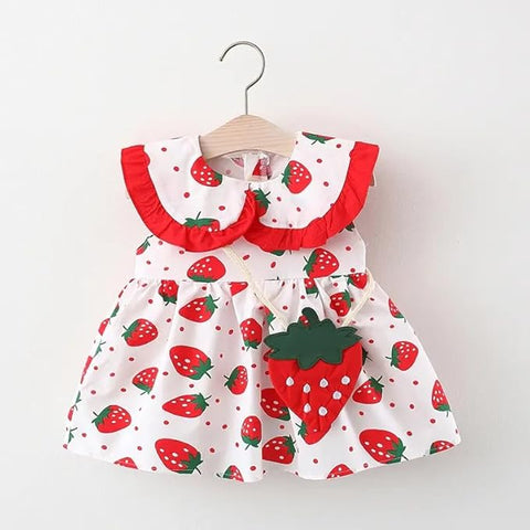 Girl's Strawberry Print Sleeveless Frock Dress With Sling Bag