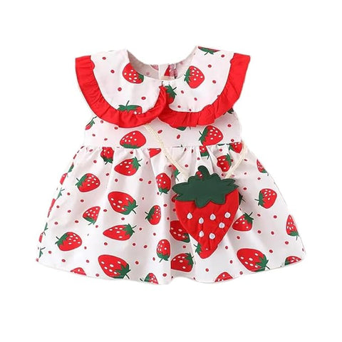 Girl's Strawberry Print Sleeveless Frock Dress With Sling Bag