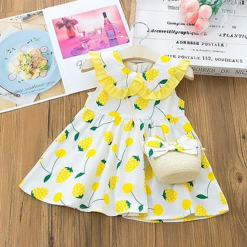 Girl's Strawberry Print Sleeveless Frock Dress With Sling Bag