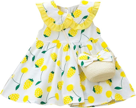 Girl's Strawberry Print Sleeveless Frock Dress With Sling Bag