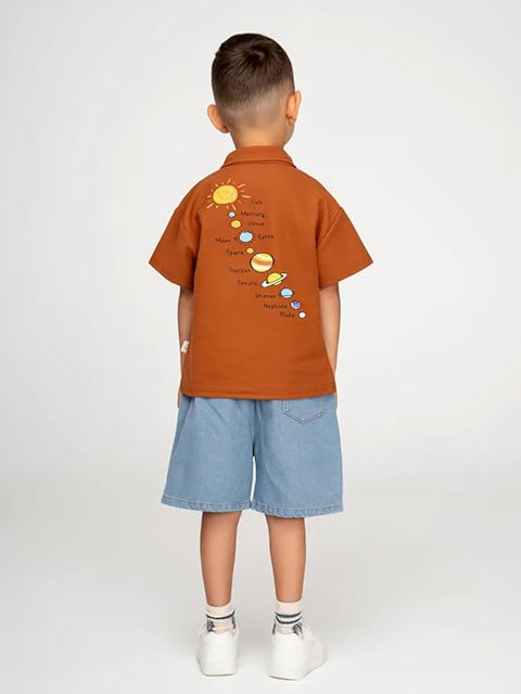 Kids Solar System Polo T-shirt with Denim Shorts Set