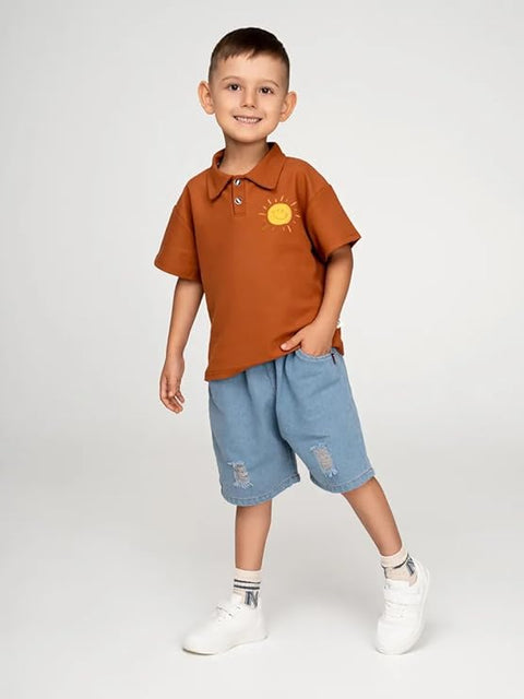 Kids Solar System Polo T-shirt with Denim Shorts Set