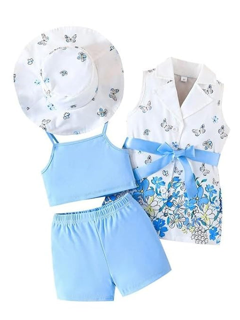 Girls Butterfly Print Girls Sleeveless Coat, Crop Top, Shorts, Sun Hat Party Set