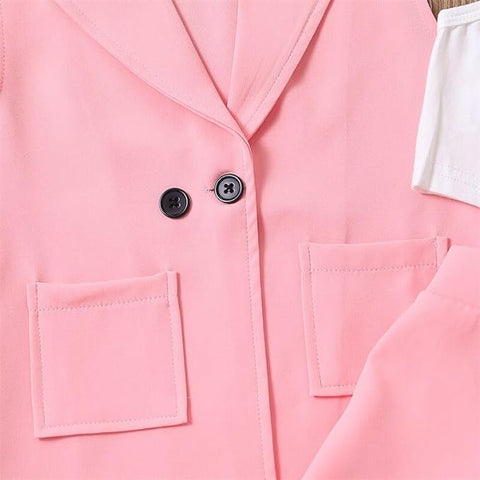 Girl’s Crop Spaghetti Top with Sleeveless Lapel Collar Coat, Hat & Shorts 4 Piece Co-ords Set