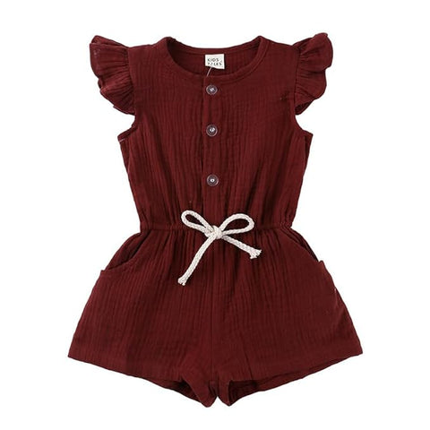 Girls Half Sleeve Ruffle Cap Sleeve Monochrome Cotton Jumpsuit Romper