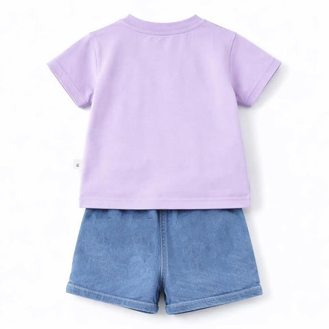 Adorable Bear Sequin Patch T-shirt and Denim Shorts Set for Infant Toddler Baby Girls