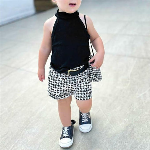 Girls Ribbed Halter Neck Top and Houndstooth Shorts with Belt Wallet Party Dress
