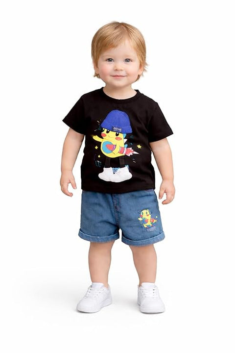 Boys Cartoon Print T-Shirt with Denim Shorts