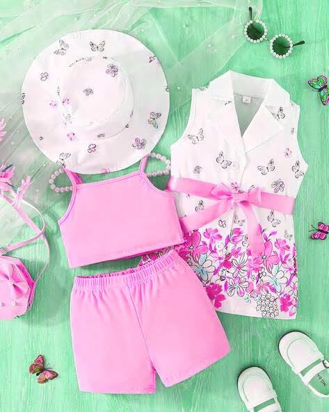 Girls Butterfly Print Girls Sleeveless Coat, Crop Top, Shorts, Sun Hat Party Set