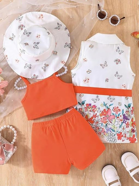 Girls Butterfly Print Girls Sleeveless Coat, Crop Top, Shorts, Sun Hat Party Set