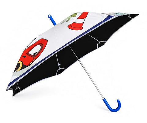 Kids Random Print Dark Blue Umbrella with Safe Rounded Edge & Rolling Wheel