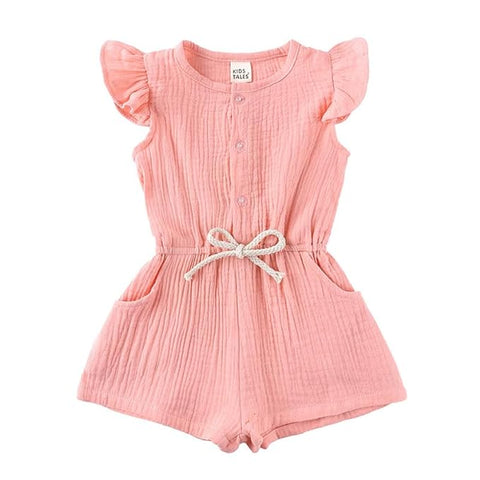 Girls Half Sleeve Ruffle Cap Sleeve Monochrome Cotton Jumpsuit Romper